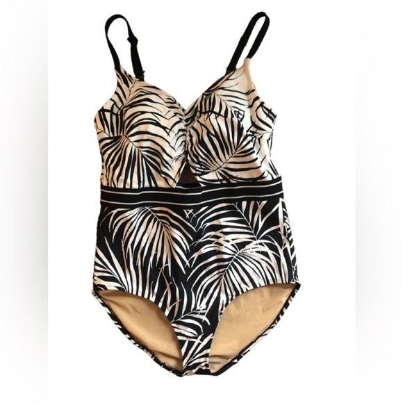 Cacique Swim Black White Palm One Piece Swimsuit 18 Cut~Out Padded Bra Summer - Picture 2 of 9